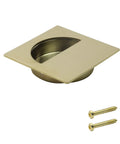 Square Recessed Sliding Closet Door Pulls Finger Flush Pocket Door Handles For Barn Doors And Drawers shown with gold finish and screws