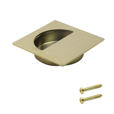 Square Recessed Sliding Closet Door Pulls Finger Flush Pocket Door Handles For Barn Doors And Drawers shown with gold finish and screws