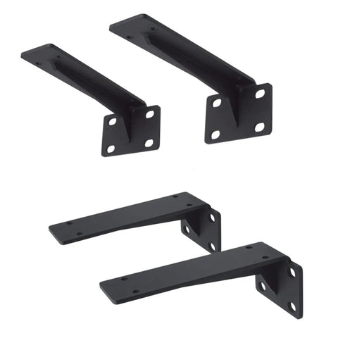 Rock Hard Heavy Duty Corner Shelf Brackets With Matte Black Finish And Rust Resistant Iron features two types of brackets for wall mount storage.
