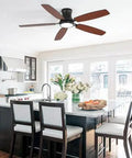 Bayfeve 52-Inch Flush-Mount Ceiling Fan with Light (Black + Plywood) installed in a modern kitchen with wood and white decor.