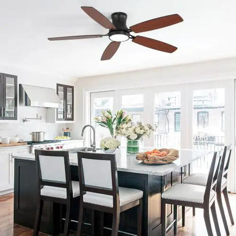 Bayfeve 52-Inch Flush-Mount Ceiling Fan with Light (Black + Plywood) installed in a modern kitchen with wood and white decor.
