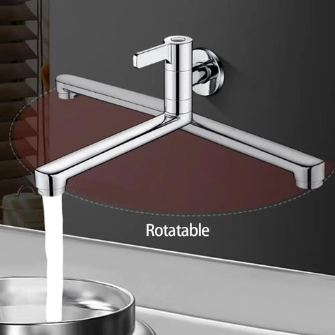 Rotatable Wall Mounted Cold Water Faucet Single Lever Kitchen Sink Tap 304 Stainless Steel for Mop Pool Utility Extended Spout Silver(25cm) with water flow.
