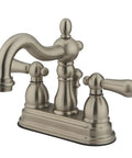 Antique Brass Four Inch Centerset Bathroom Faucet With Solid Brass Construction Deck Mount Three Hole Setup Includes Pop Up Drain And Mounting Hardware Drip Free Washerless Cartridge Standard One Half Inch IPS Connections, showing side view with ornate handles.