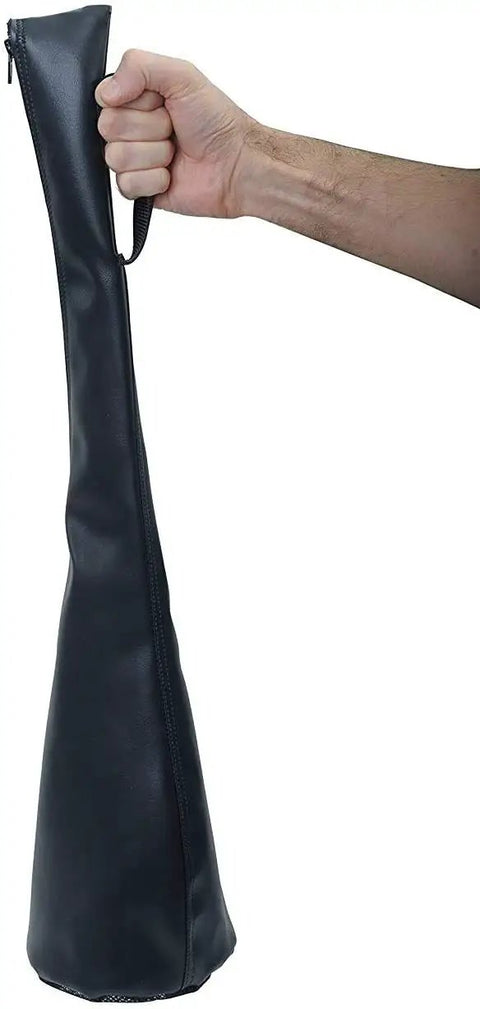 Top Tier Universal Toilet Plunger Carry Bag In Sleek Black held by hand, designed for every rubber cup size, perfect for travel.