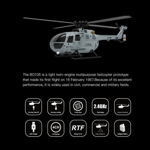 C186 Remote Control Helicopter For Adults 14 Plus Beginners To Pros, Single Rotor Aileronless BO 105 Style Model, Grey