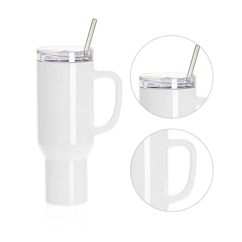 8 Pack 40 Oz Sublimation Tumbler With Handle Straw And Lid White Double Wall Stainless Steel Cups For Heat Press And Sublimation Oven Printing