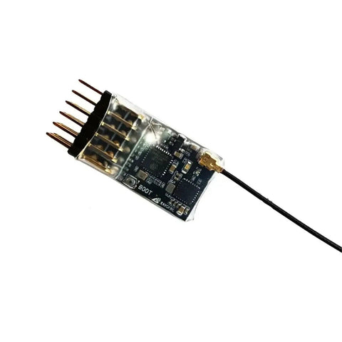2.4G 5CH PWM ExpressLRS Receiver with 2.0dBi copper pipe antenna for RC drones, showcasing pins and circuitry detail