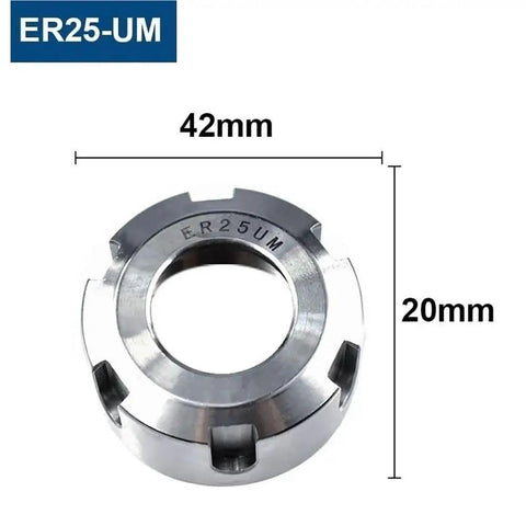 Heavy Duty ER Metal Collet Clamping Nut Fits ER8 To ER40 For Milling Cutters Reducing Vibes And Boosting Precision Durable Chromium Steel shown from above with size dimensions.