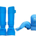 Blue Karate Shin Guard Set With Instep Protection And Gloves, WKF Certified, Medium Size, Tibia Shield Seen