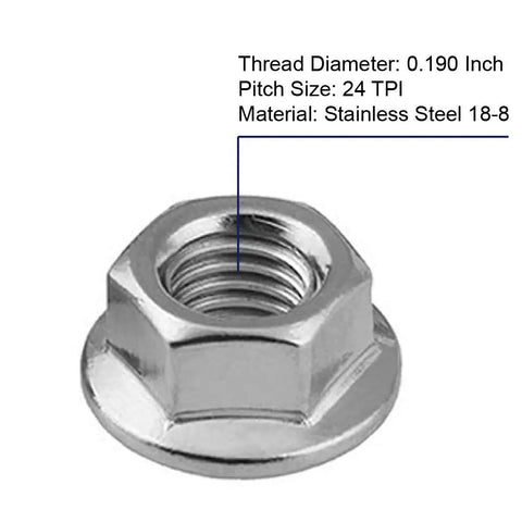 10-24 Serrated Flange Hex Lock Nuts Set In Stainless Steel 18-8 304 Bright Finish 100 Pack With 0.190 Inch Inner Diameter And 24 Threads Per Inch