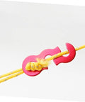 Red Six Piece Aluminum Cord Buckle For Tent Ropes Quick Knot Adjusters Antislip Tighteners shown holding yellow rope