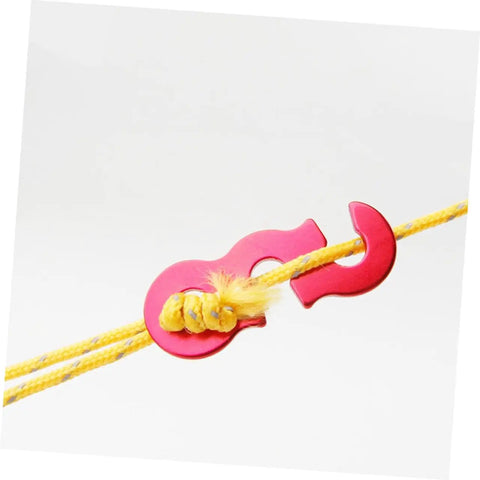 Red Six Piece Aluminum Cord Buckle For Tent Ropes Quick Knot Adjusters Antislip Tighteners shown holding yellow rope