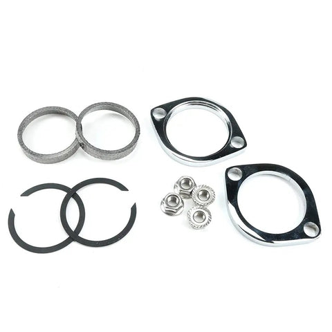 Heavy Duty Exhaust Flange Install Kit For Classic Motorcycle Cruisers featuring chrome flanges, sealing rings, and nuts for secure fits.