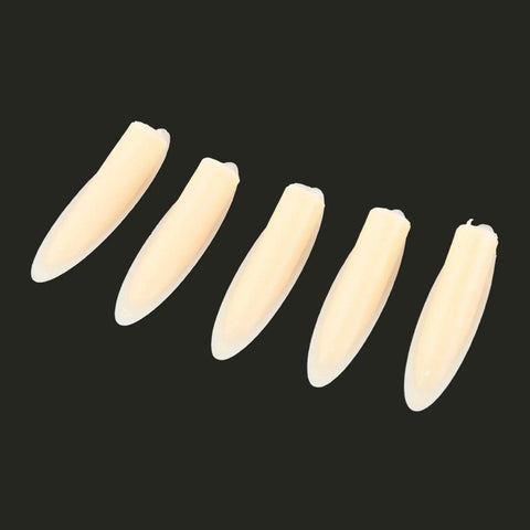 Five beige Pocket Hole Plugs 9.5mm Set 100 Piece Plastic Slant Cap Dowel for woodworking on a black background.