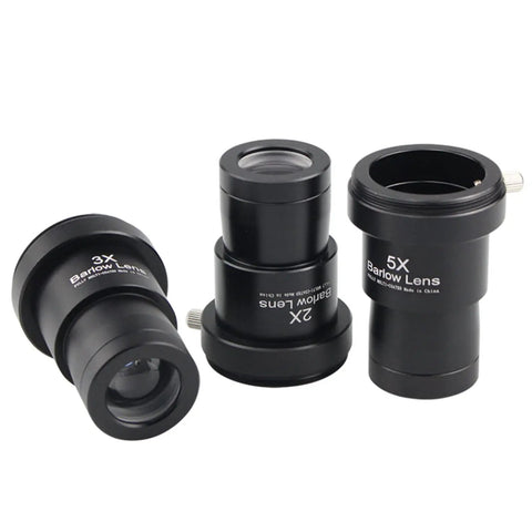 1.25 Inch Barlow Lenses Kit With 2X 3X 5X Magnification, Fully Metal Body, Multi Coated Broadband Green Film Optics displayed