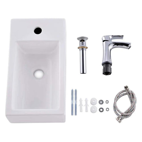 Top view of Corner Vessel Sink Kit With Faucet and Drain 18x10 Inch Small White Porcelain Wall Mount Vanity Sink and accessories.