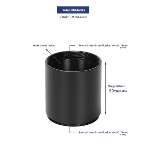 Aluminum M48x0.75mm Thread Extension Tube for astrophotography with tool-less quick attach adapter and DSLR compatibility.