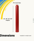 Hella Tough Black Bollard Cover For Six Inch Steel Pipe dimensions showing heights of 42, 48, 52, 60 inches on a red bollard.