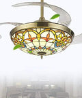 Modern 42 Inch Invisible Ceiling Fan With Silent LED Light And Sleek Gold Blades For Living Room Bedroom Or Kitchen with stained glass design.