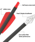 Close-up of 8-inch carbon crossbow bolts with red vanes, steel broadhead tips, for hunting and target practice, lightweight with low hand shock.