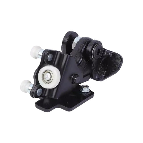 Black metal sliding door hinge roller assembly with white wheels and mounting base