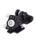 Side view of truck door hinge roller assembly: black metal housing with white roller wheels and mounting base.