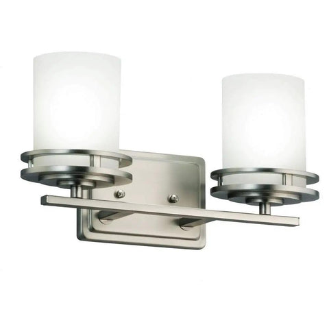 Hendrik 14.5 Inch Two Light Vanity Light With Satin Etched Cased Opal Glass Brushed Nickel Finish that pops above small bathroom vanities.