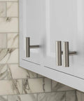 Brushed Nickel 5 Pack Single Hole Cabinet Knobs And Stainless Steel T Bar Handles installed on modern kitchen cabinets