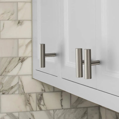 Brushed Nickel 5 Pack Single Hole Cabinet Knobs And Stainless Steel T Bar Handles installed on modern kitchen cabinets