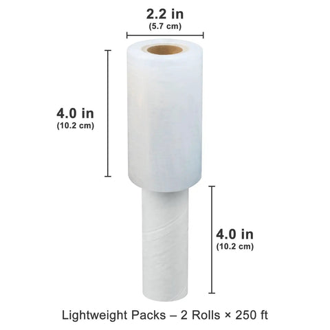 4 Inch Shrink Wrap Roll 500 Feet With Handle Two Pack Lightweight Plastic Wrap for Moving and Packing, dimensions labeled