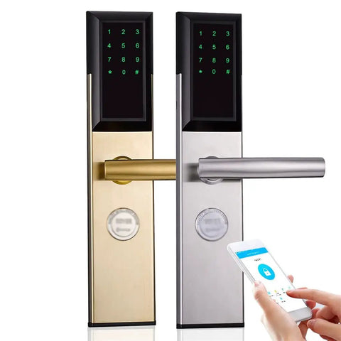 Top Notch Smart Keyless Door Lock With Foolproof Password Keypad And Slick Smartphone App Access Beast Mode, showing gold and silver finishes.