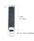 Grippy Leather Double Lock On Bike Grips 22.2mm for Mountain and Road Bikes with measurements and aluminum clamp detail