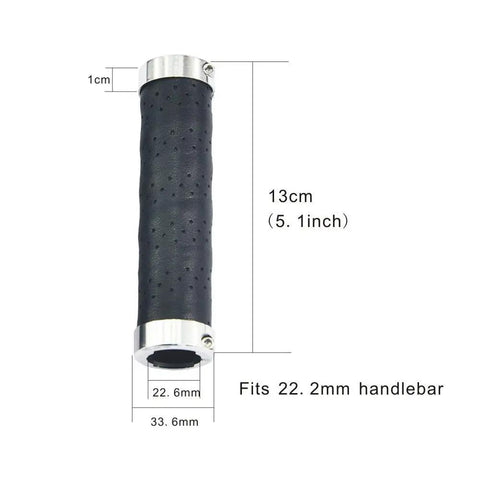 Grippy Leather Double Lock On Bike Grips 22.2mm for Mountain and Road Bikes with measurements and aluminum clamp detail