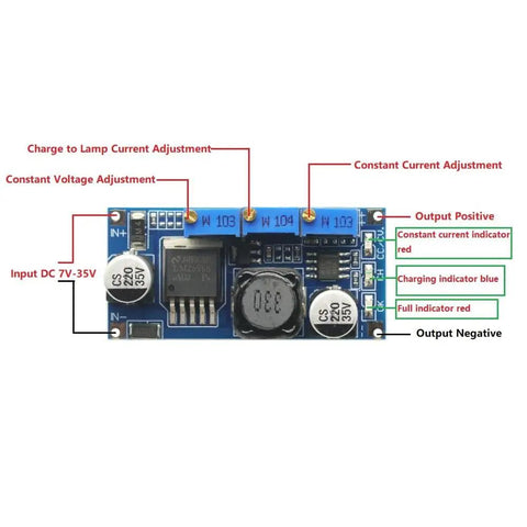 Five Pack Constant Current LED Driver DC-DC Converter 7V-35V Step Down CC CV Power Supply Module front view with labels