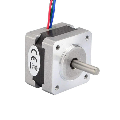 Stepper motor, NEMA 14, 1.8° bipolar, 12V, 4-wire; silver aluminum housing with protruding shaft (front view)