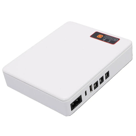 Rock Solid Mini Ups Battery Backup 16000Mah For Router And Modem US Plug portable white battery backup with multiple outlets.