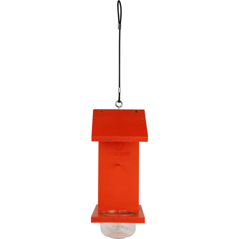 Front view of Durable Recycled Plastic Citrus Sampler Oriole Bird Feeder With Dual Sided Feeding 2 Removable Glass Dishes And Fruit Spikes Zero Point Four Quart Capacity Orange Backyard Decor For Wild Birds.