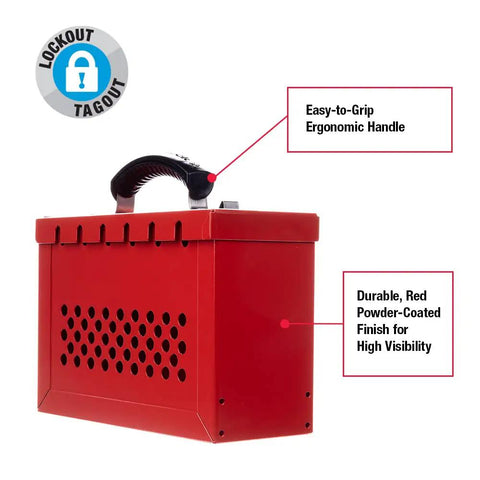 Portable Group Lock Box for Lockout Tagout Safety makes equipment lockout a breeze with red finish and ergonomic handle