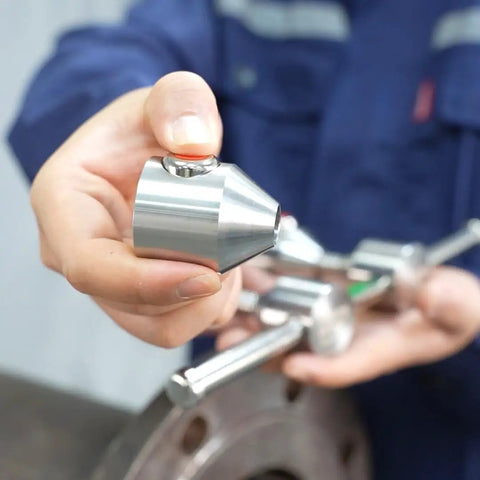 SUS304 Heavy Duty Stainless Steel Two Hole Pin With Push Button Quick Lock For Pipe Alignment held in hand for rigging work.