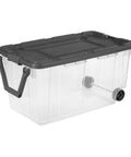 Rugged Pull Along 160 Quart Rolling Storage Tote With Transparent Bottom Heavy Duty Plastic Crate with swivel handle