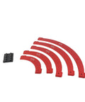 Set of adjustable aluminum router corner radius templates in red, featuring five sizes for precision wood corner cuts.