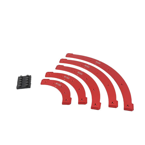 Set of adjustable aluminum router corner radius templates in red, featuring five sizes for precision wood corner cuts.