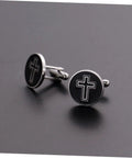 Black Cross Cufflinks For Men Titanium Steel Shine Dress Shirt Buttons on a reflective surface