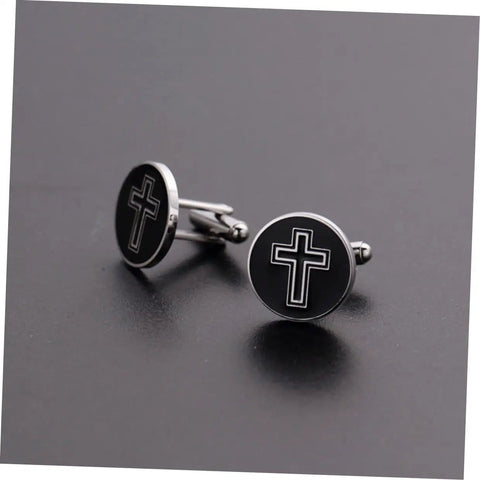 Black Cross Cufflinks For Men Titanium Steel Shine Dress Shirt Buttons on a reflective surface
