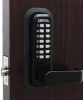 Keyless Mechanical Lever Lock With Push Button Code, Jet Black Finish on a wood door, showing adjustable latch, deadlocking spring action.