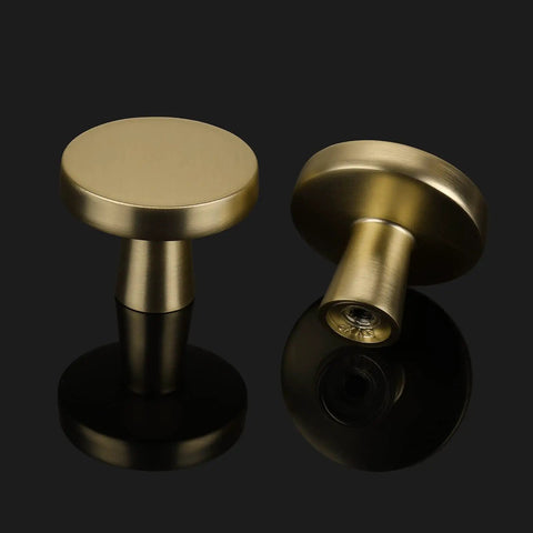 Brushed Brass Round Gold Drawer Knobs 6 Pack For Cabinets And Dressers Hardware For Kitchen Cabinets And Furniture Zinc Construction Corrosion Resistant And Heavy Duty Gold Finish No Fuss Easy Install, displaying front and side views on black background.