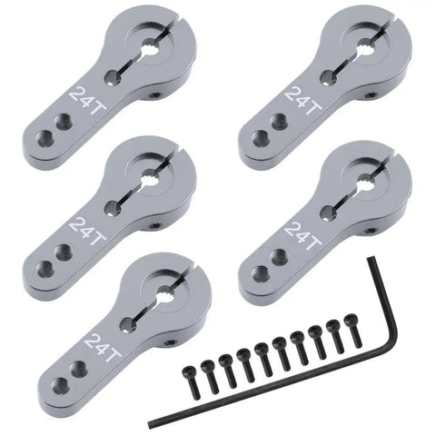 Metal 24T Aluminum Servo Horns Kit, M3 Threads, 5-Pack For Hitec RC Servos, shown with bolts and L hex wrench