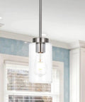 Single Light Sleek Clear Glass Pendant Chandelier In Brushed Nickel Dining Room Pendant Light, Vaulted And Sloped Ceiling Friendly