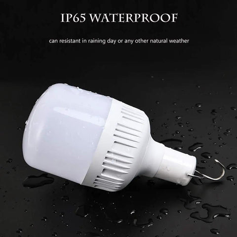 Newest 30W 5500LM Waterproof Rechargeable LED Night Light Bulb with Hanging Hook showing water resistance feature
