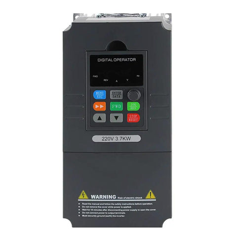 Front view of 5HP 220V Single Phase To 3 Phase VFD Drive For AC Motors, 3.7 kW Variable Frequency Controller with warning label